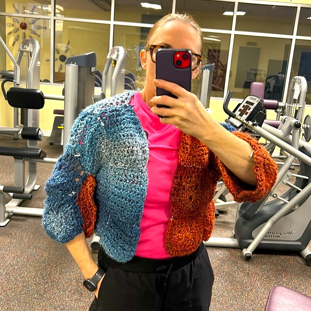 HANDKNIT GRANNY CORE Sz S/M Cardi shrug, stitched together open weave some flaws